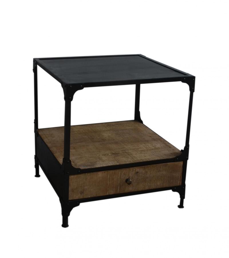 SOLID WOOD & IRON 1 DRAWER END TABLE NIGHTSTAND