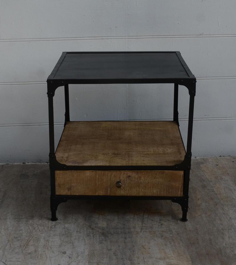 SOLID WOOD & IRON 1 DRAWER END TABLE NIGHTSTAND