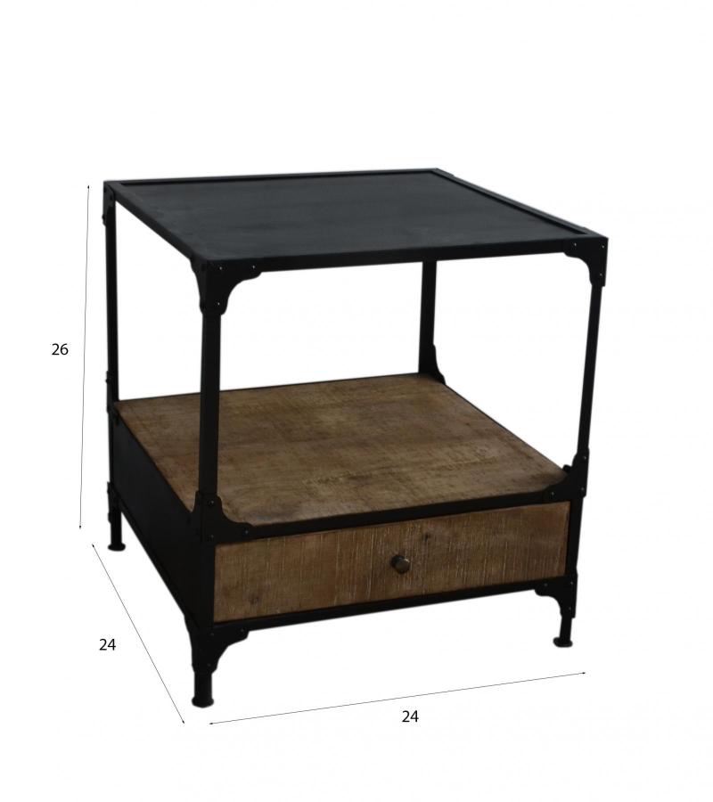 SOLID WOOD & IRON 1 DRAWER END TABLE NIGHTSTAND