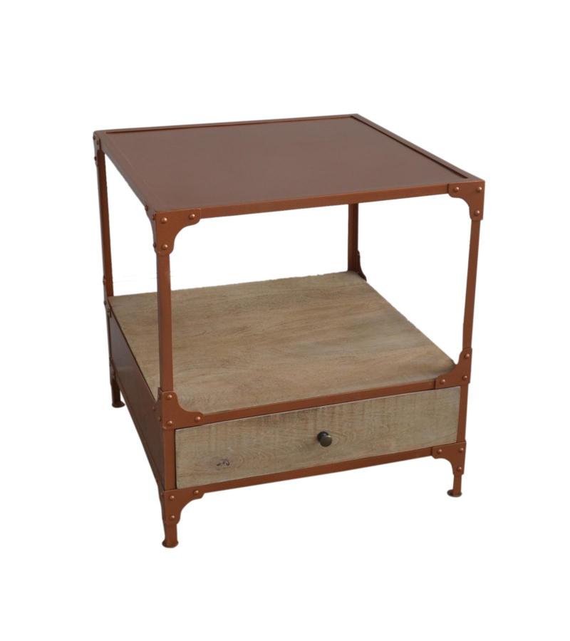 SOLID WOOD & IRON 1 DRAWER END TABLE NIGHTSTAND