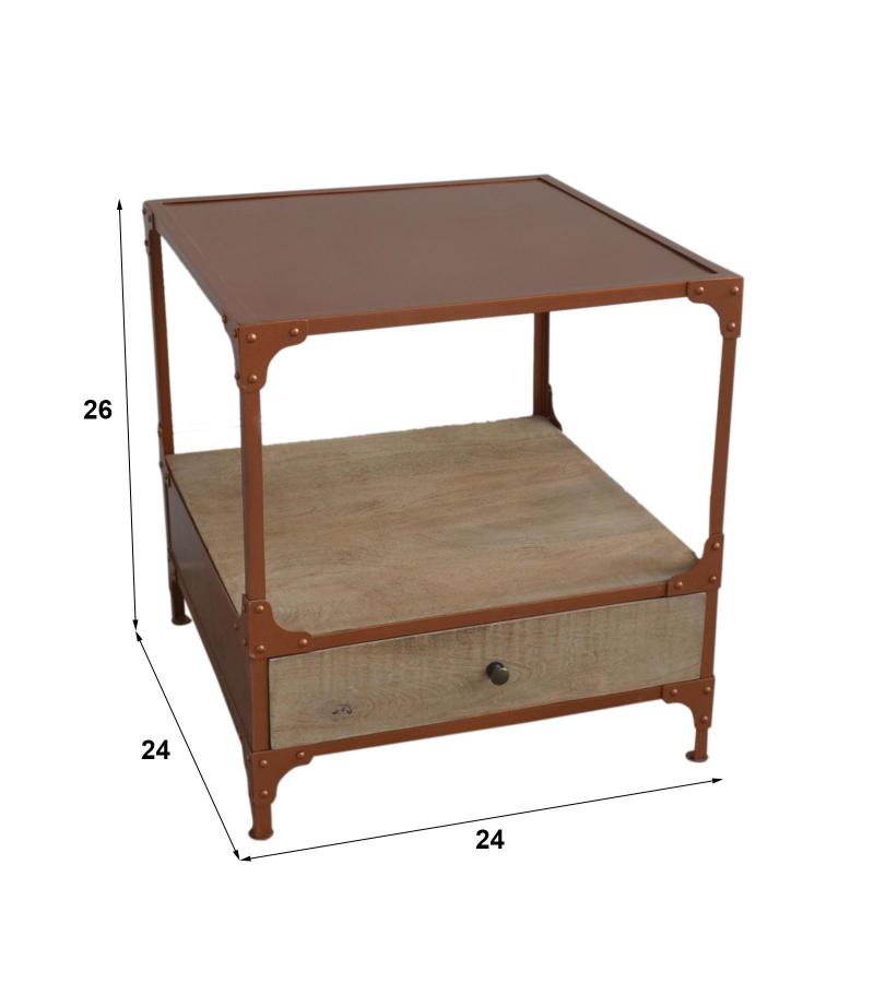 SOLID WOOD & IRON 1 DRAWER END TABLE NIGHTSTAND