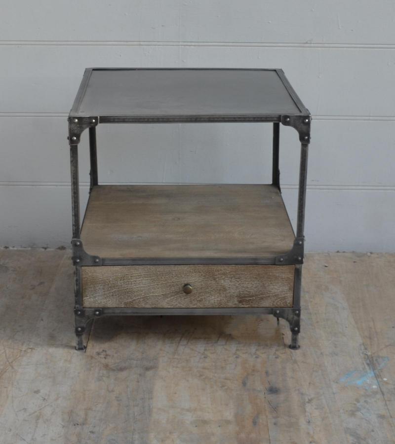 SOLID WOOD & IRON 1 DRAWER END TABLE NIGHTSTAND