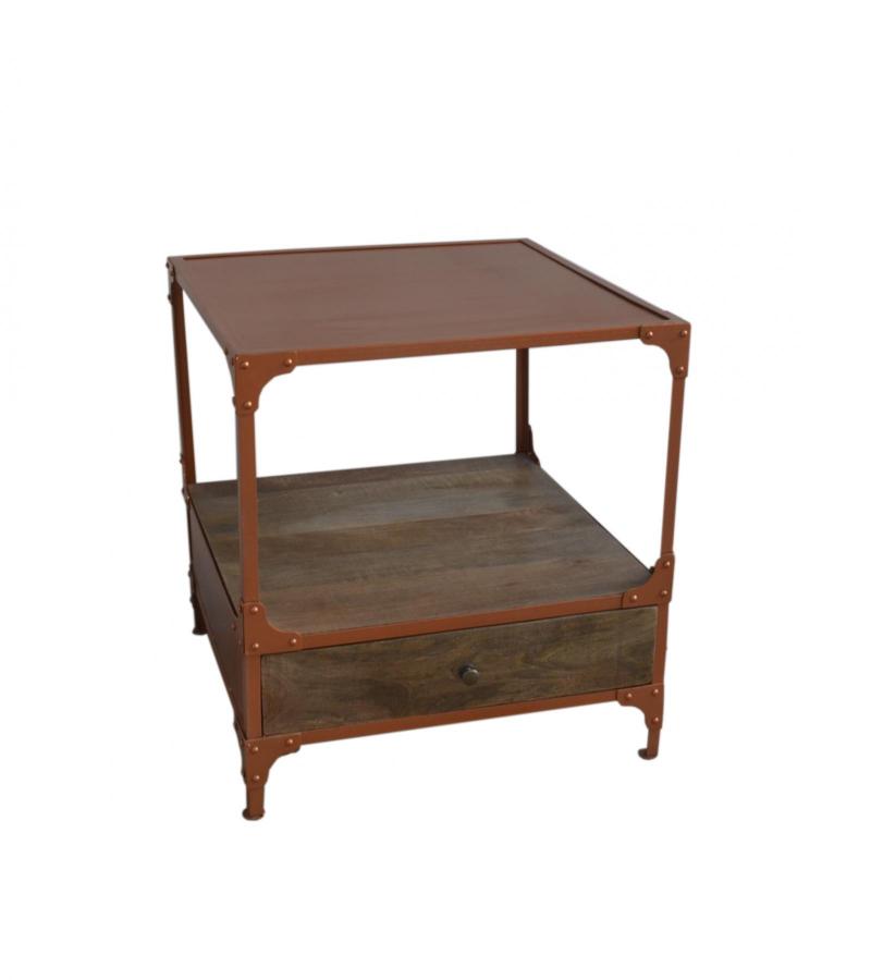 SOLID WOOD & IRON 1 DRAWER END TABLE NIGHTSTAND