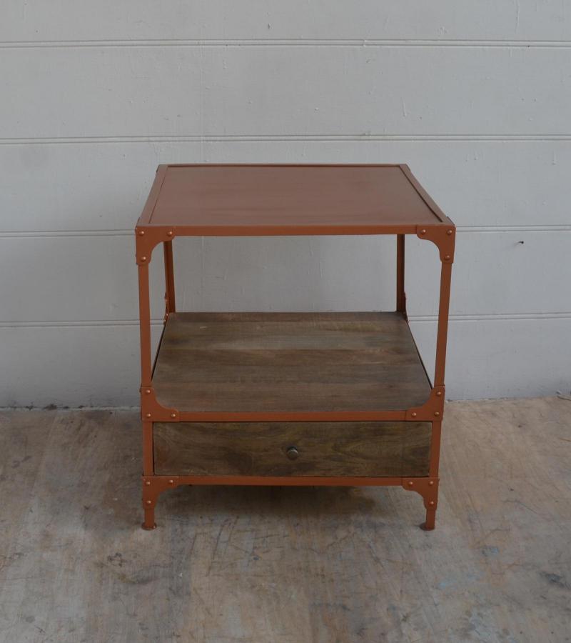 SOLID WOOD & IRON 1 DRAWER END TABLE NIGHTSTAND