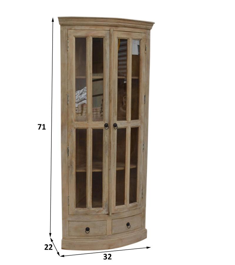 SOLID WOOD & GLASS CORNER CABINET W/ 2 DRAWERS