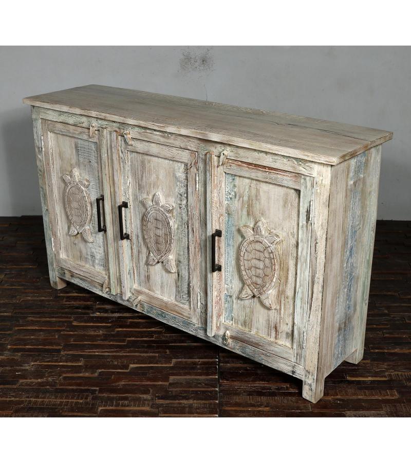 SOLID RECLAIMED TEAK WOOD SIDEBOARD CABINET W/ CARVED TURTLES