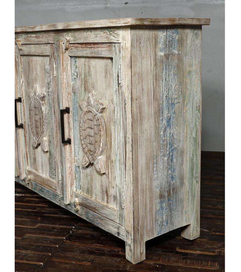 SOLID RECLAIMED TEAK WOOD SIDEBOARD CABINET W/ CARVED TURTLES