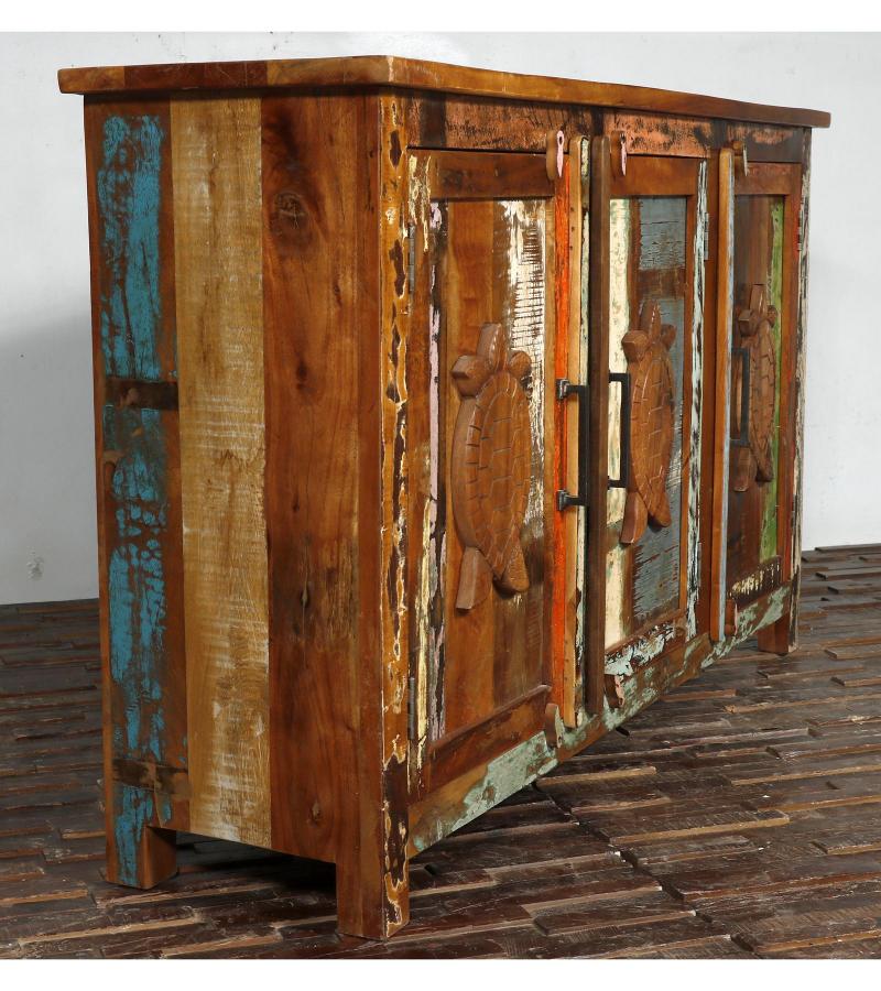 SOLID RECLAIMED TEAK WOOD SIDEBOARD W/ CARVED TURTLES