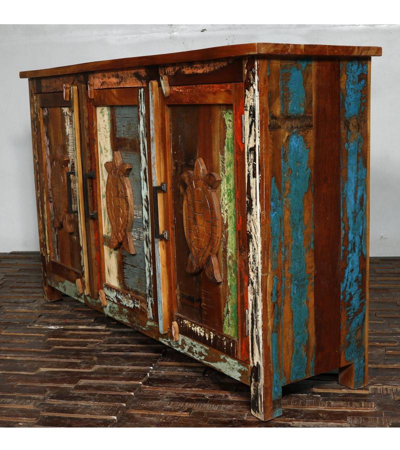 SOLID RECLAIMED TEAK WOOD SIDEBOARD W/ CARVED TURTLES