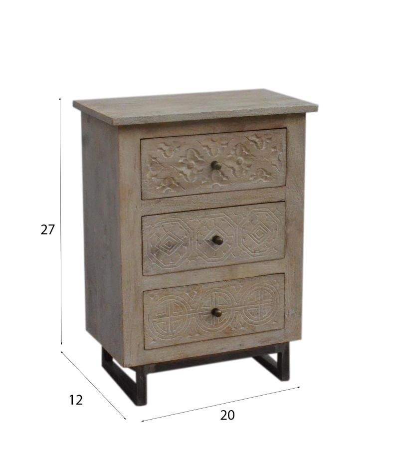 SOLID HAND CARVED WOOD 3 DRAWER NIGHTSTAND / END TABLE