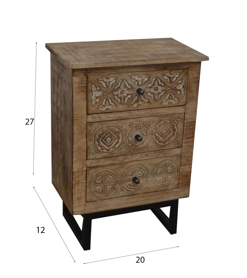 SOLID HAND CARVED WOOD 3 DRAWER NIGHTSTAND / END TABLE