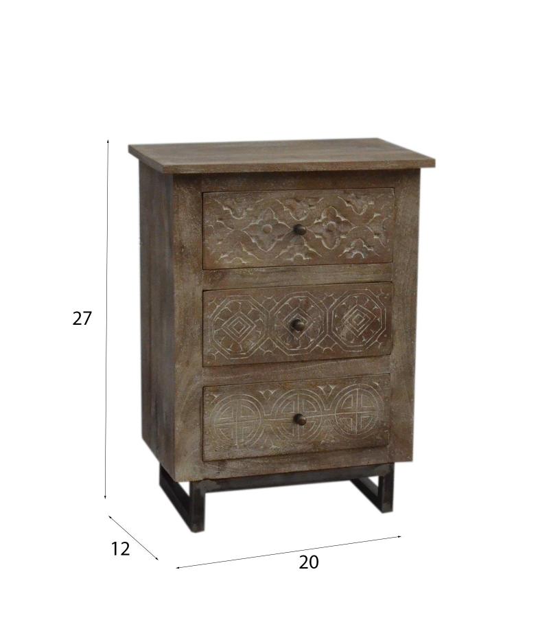 SOLID HAND CARVED WOOD 3 DRAWER NIGHTSTAND / END TABLE