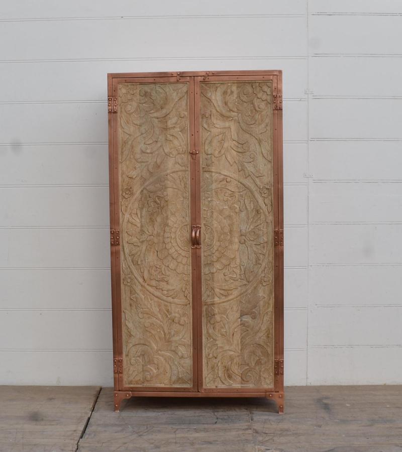 SOLID CARVED WOOD + METAL DOUBLE DOOR CABINET