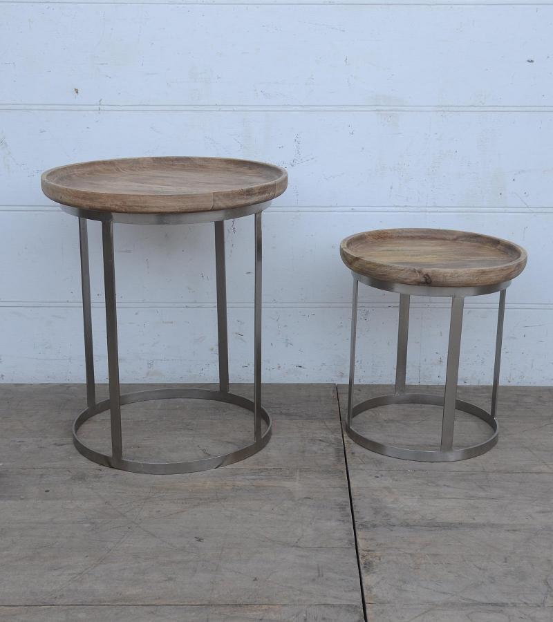 PAIR OF SOLID WOOD & IRON END TABLES