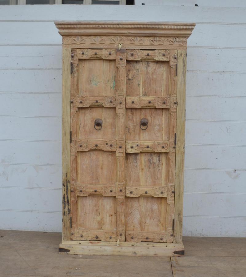 SOLID RECLAIMED CARVED TEAK WOOD CABINET WITH 2 DOORS & SHELVES