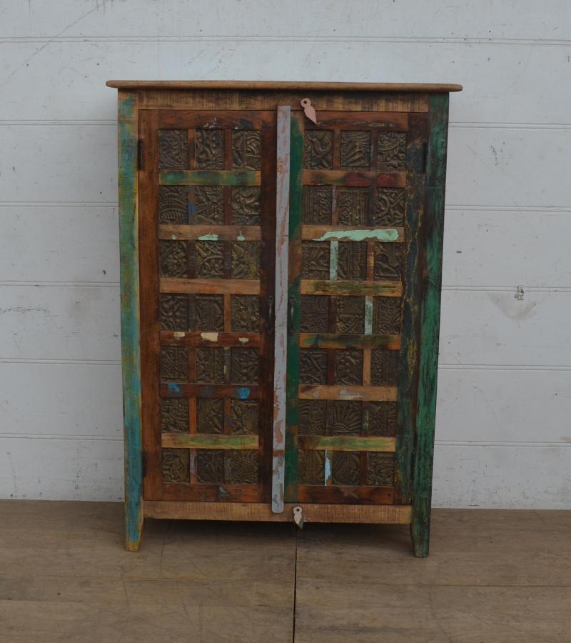 RECLAIMED TEAK CABINET W/ BRASS CASTING INLAYS