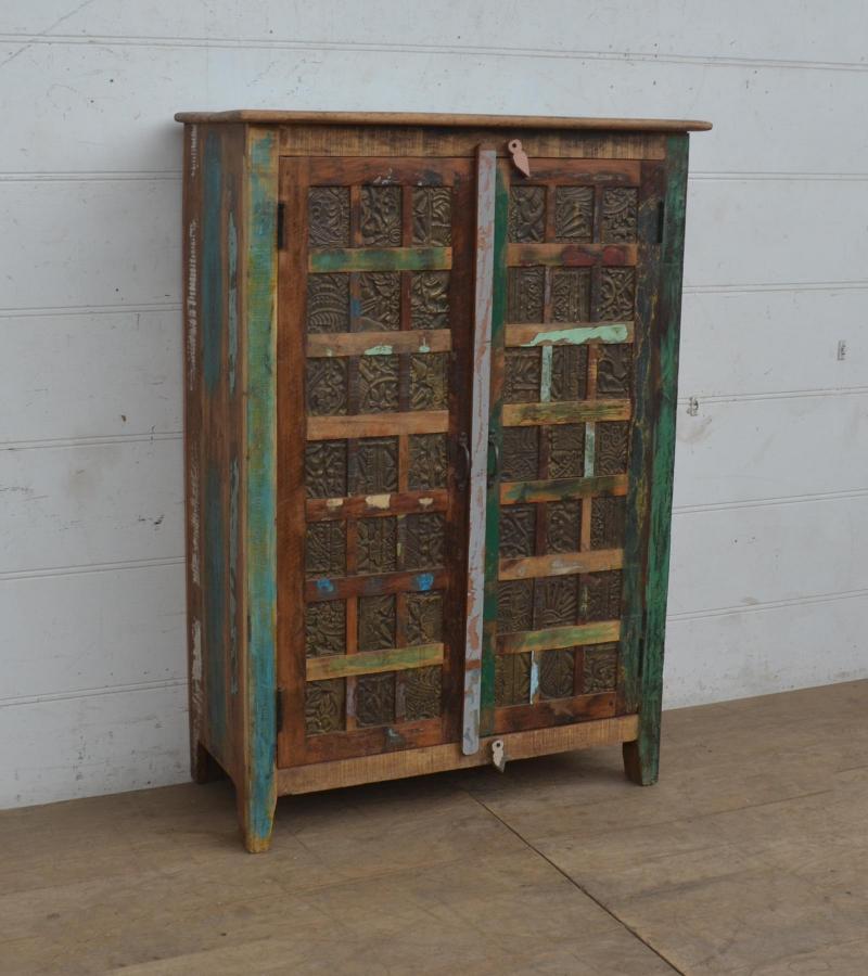 RECLAIMED TEAK CABINET W/ BRASS CASTING INLAYS