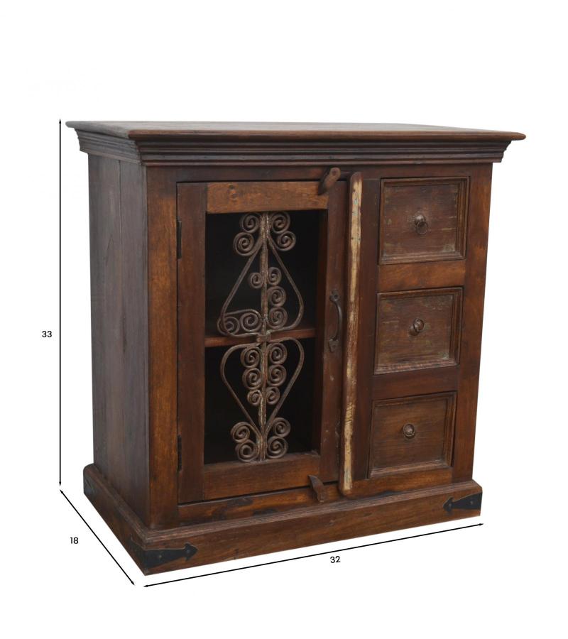 RECLAIMED TEAK & DECORATIVE IRON CABINET W/1 DOOR & 3 DRAWERS SIDEBOARD