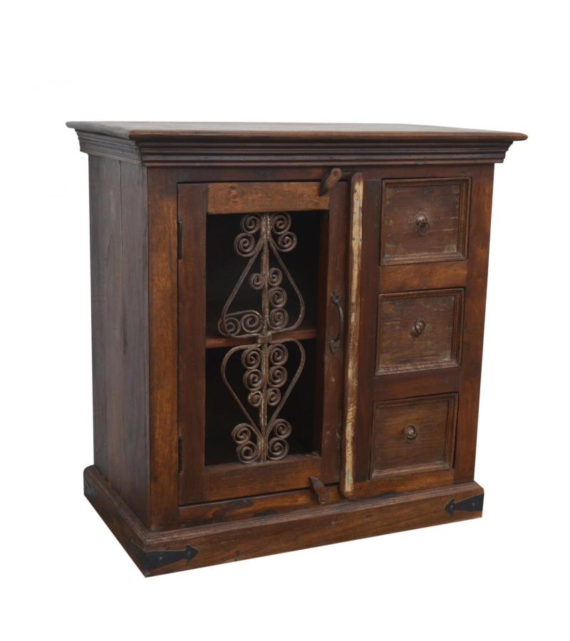 RECLAIMED TEAK & DECORATIVE IRON CABINET W/1 DOOR & 3 DRAWERS SIDEBOARD