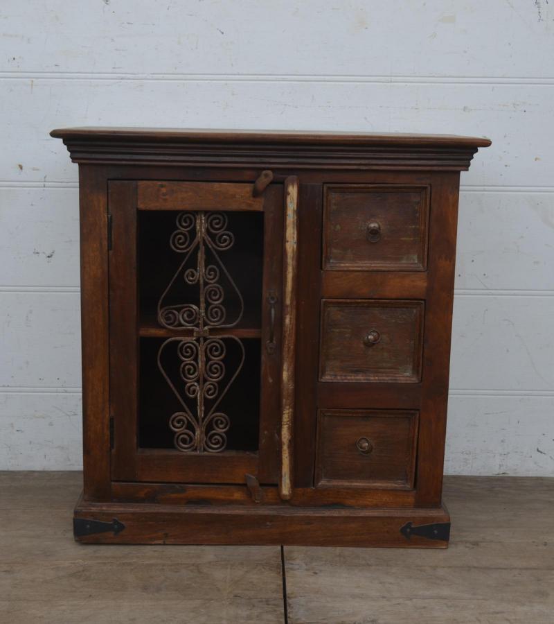 RECLAIMED TEAK & DECORATIVE IRON CABINET W/1 DOOR & 3 DRAWERS SIDEBOARD