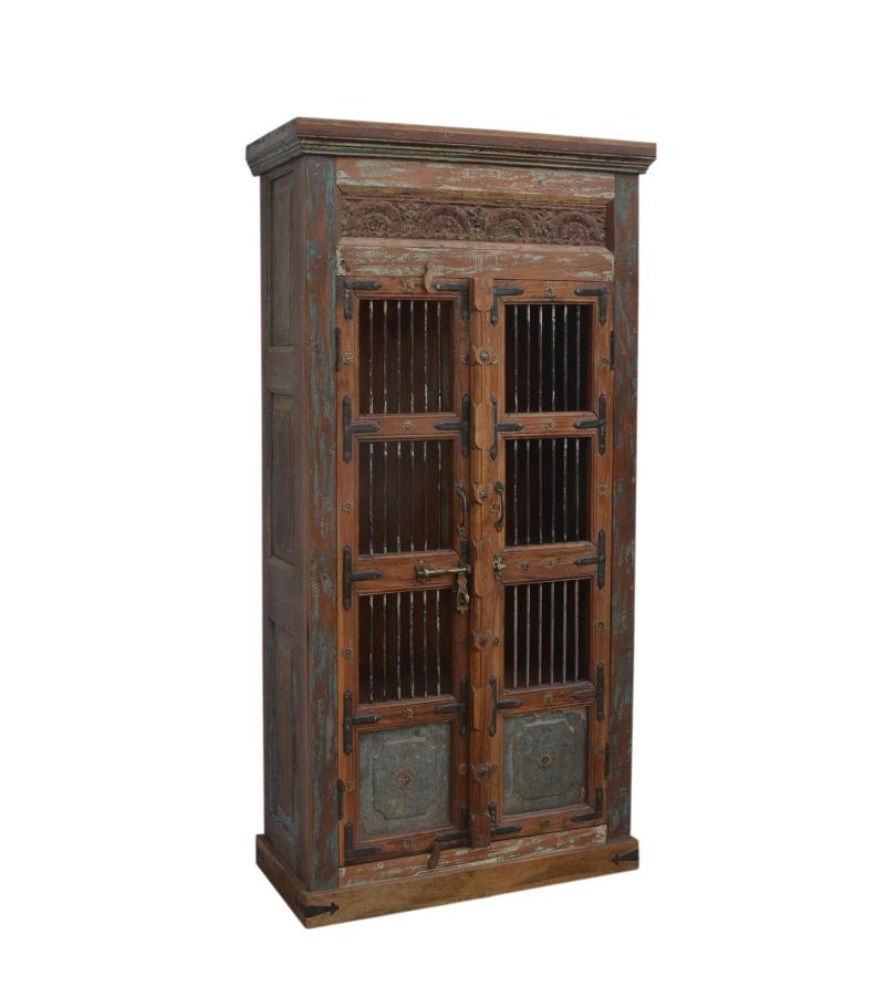 SOLID RECLAIMED TEAK WOOD, METAL & GLASS CABINET