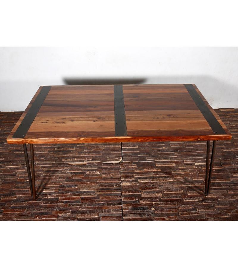 RECLAIMED SOLID TEAK WOOD TABLE W/ METAL TRIM
