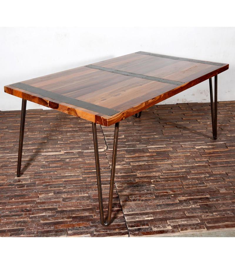 RECLAIMED SOLID TEAK WOOD TABLE W/ METAL TRIM