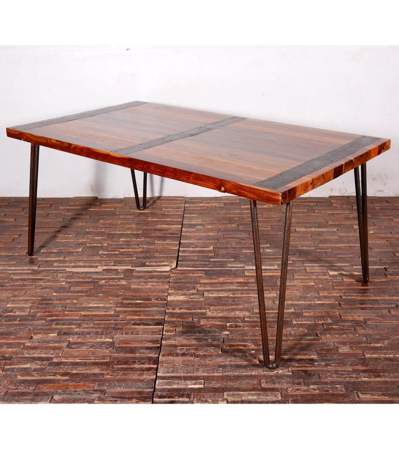 RECLAIMED SOLID TEAK WOOD TABLE W/ METAL TRIM