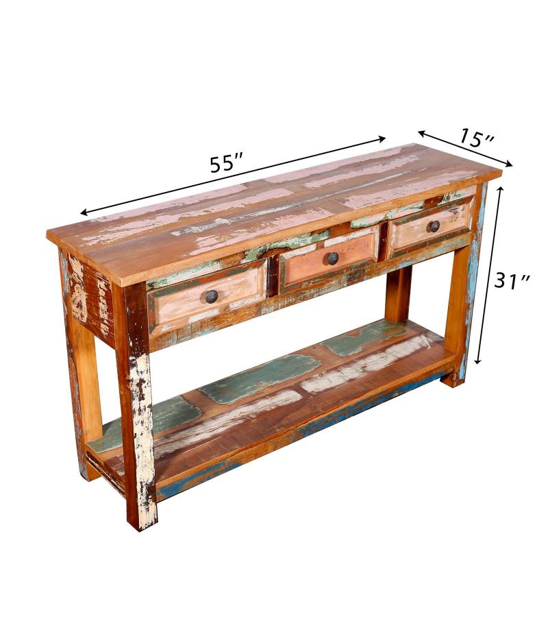 SOLID RECLAIMED TEAK WOOD CONSOLE WITH 3 DRAWERS & SHELF