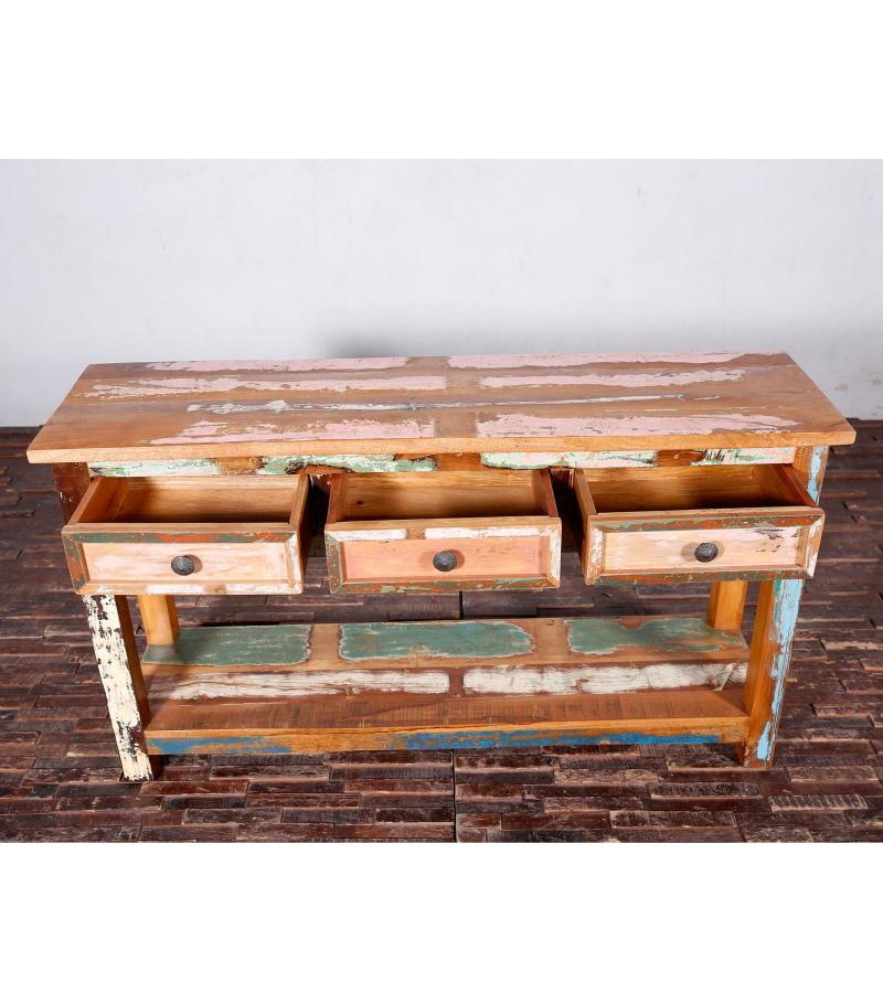 SOLID RECLAIMED TEAK WOOD CONSOLE WITH 3 DRAWERS & SHELF