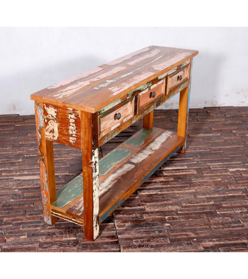 SOLID RECLAIMED TEAK WOOD CONSOLE WITH 3 DRAWERS & SHELF