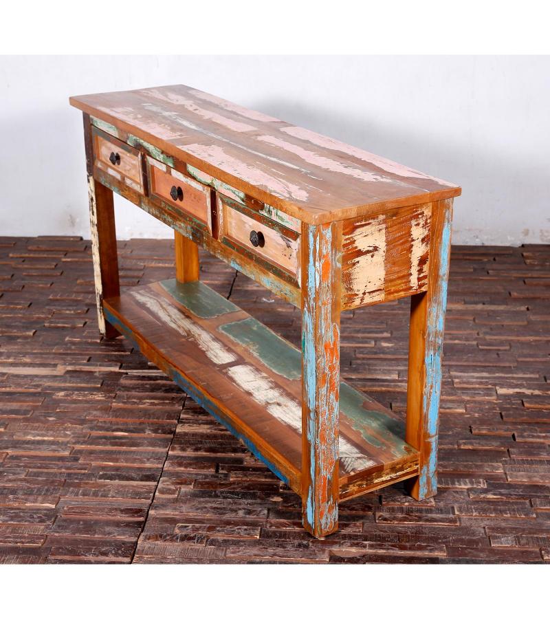 SOLID RECLAIMED TEAK WOOD CONSOLE WITH 3 DRAWERS & SHELF