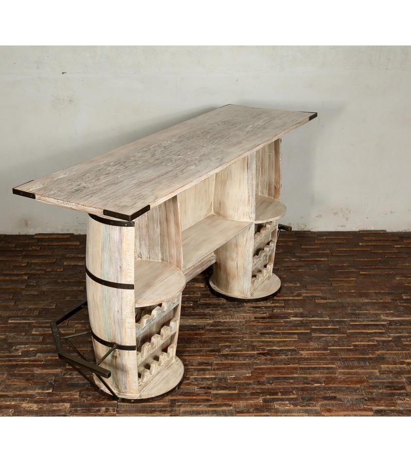 SOLID RECLAIMED TEAK WOOD & IRON DOUBLE BARREL BAR