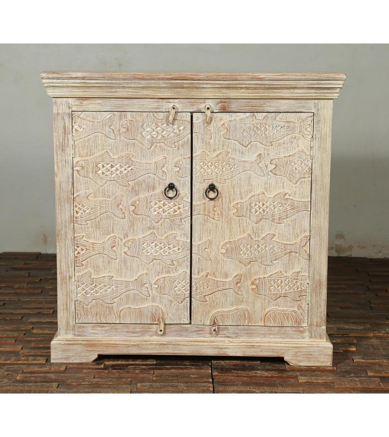 Rustic Carved Fish Wooden Accent Cabinet