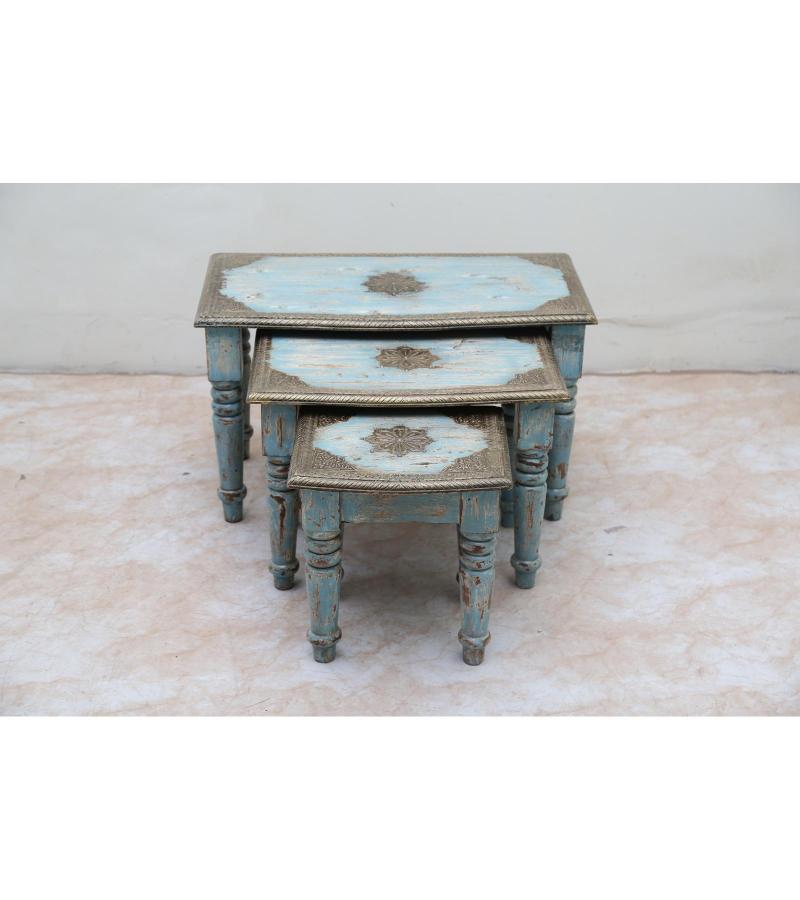 WOODEN STOOL SET OF 3 WITH BRASS