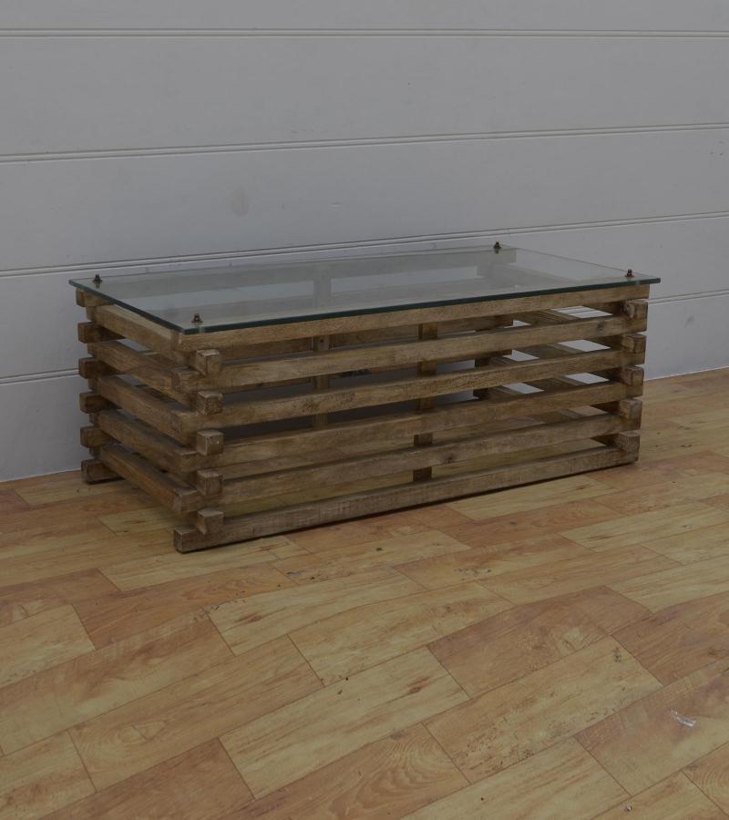 SOLID WOOD COFFEE TABLE W/ GLASS TOP
