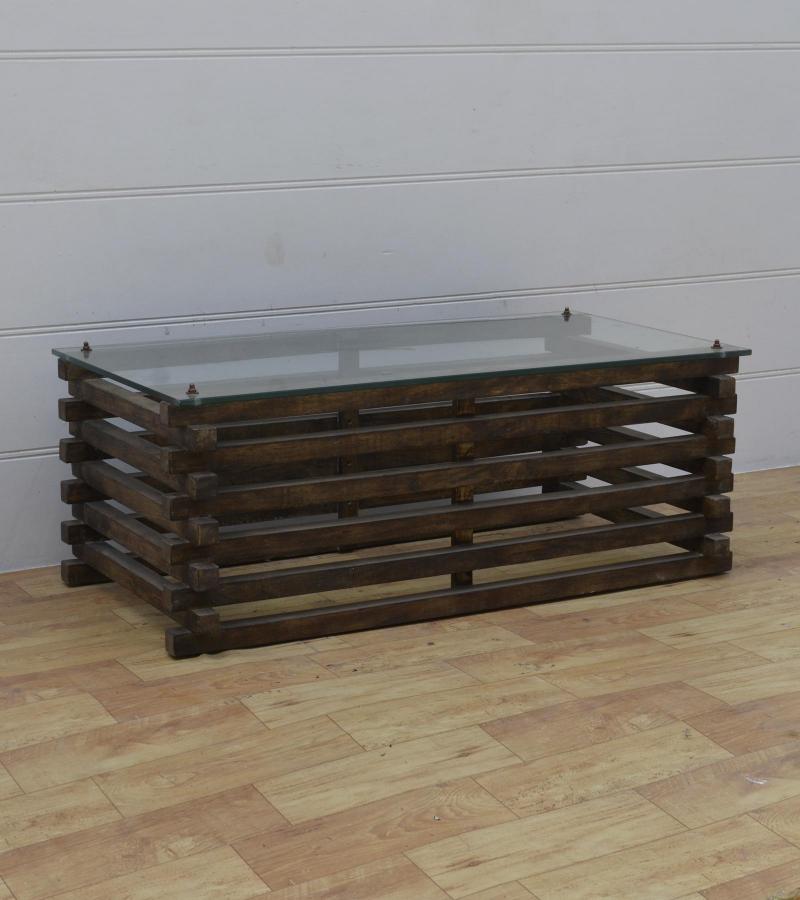 SOLID WOOD COFFEE TABLE W/ GLASS TOP