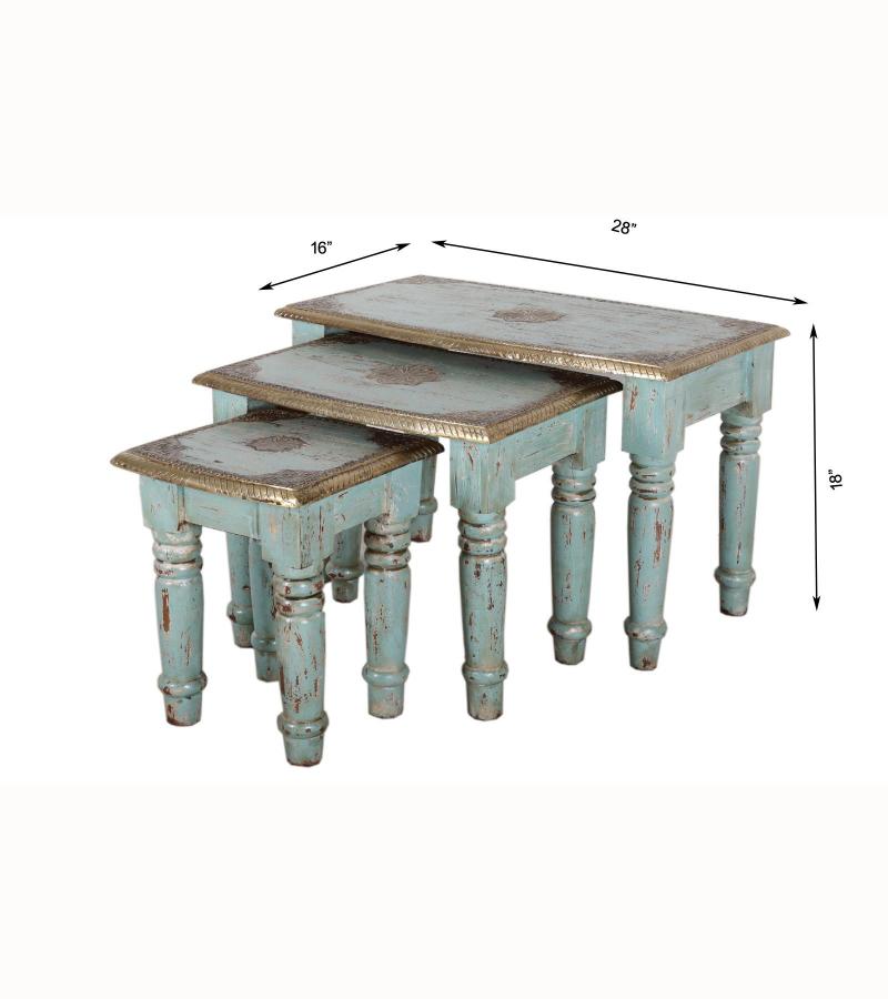 WOODEN STOOL SET OF 3 WITH BRASS