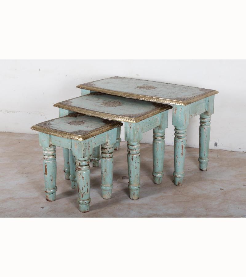 WOODEN STOOL SET OF 3 WITH BRASS