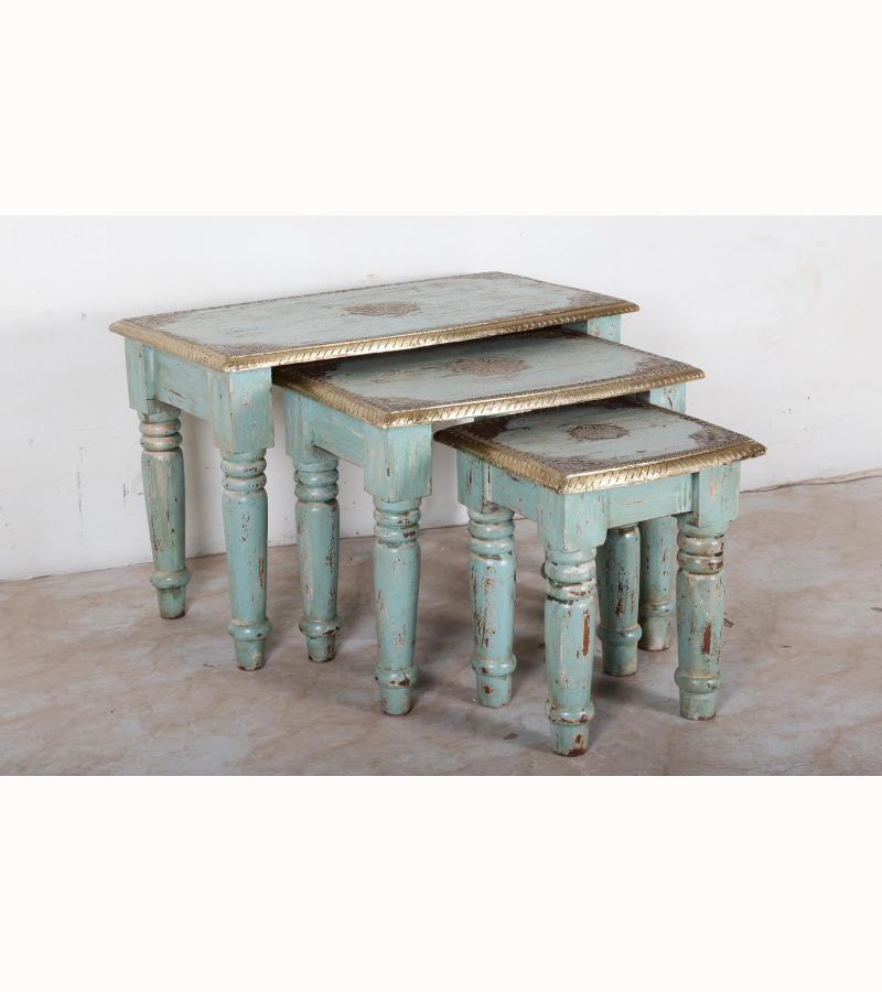 WOODEN STOOL SET OF 3 WITH BRASS