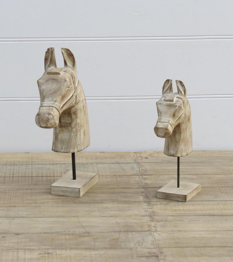 PAIR OF SOLID WOOD HORSE HEAD STATUES ON STANDS