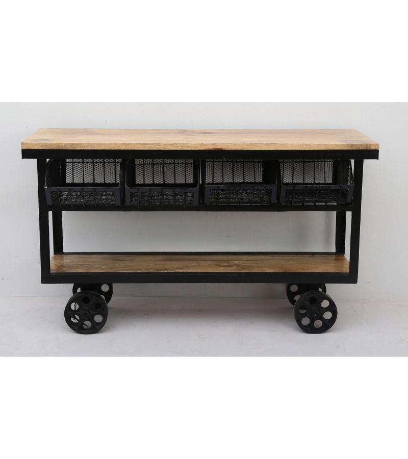 SOLID IRON & WOOD CONSOLE TROLLEY ON WHEELS