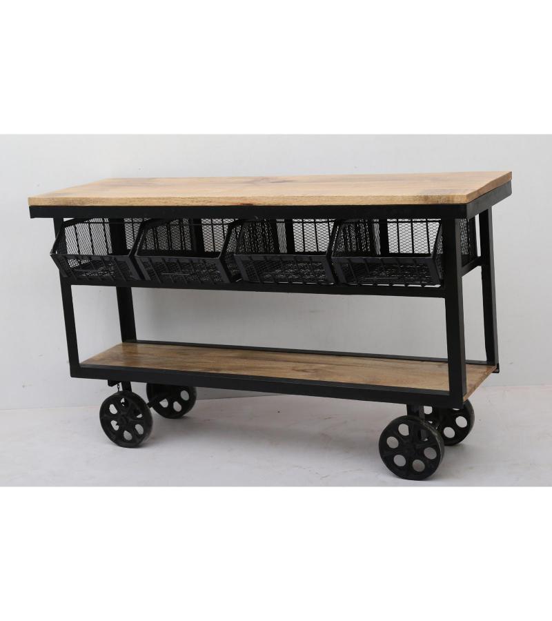 SOLID IRON & WOOD CONSOLE TROLLEY ON WHEELS