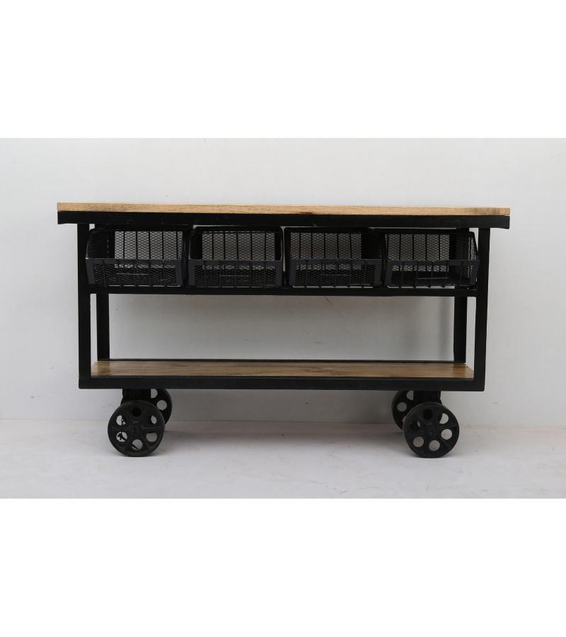SOLID IRON & WOOD CONSOLE TROLLEY ON WHEELS
