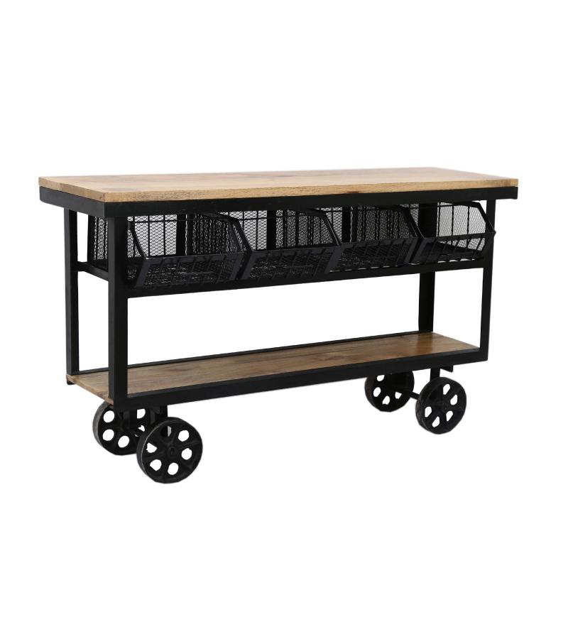 SOLID IRON & WOOD CONSOLE TROLLEY ON WHEELS