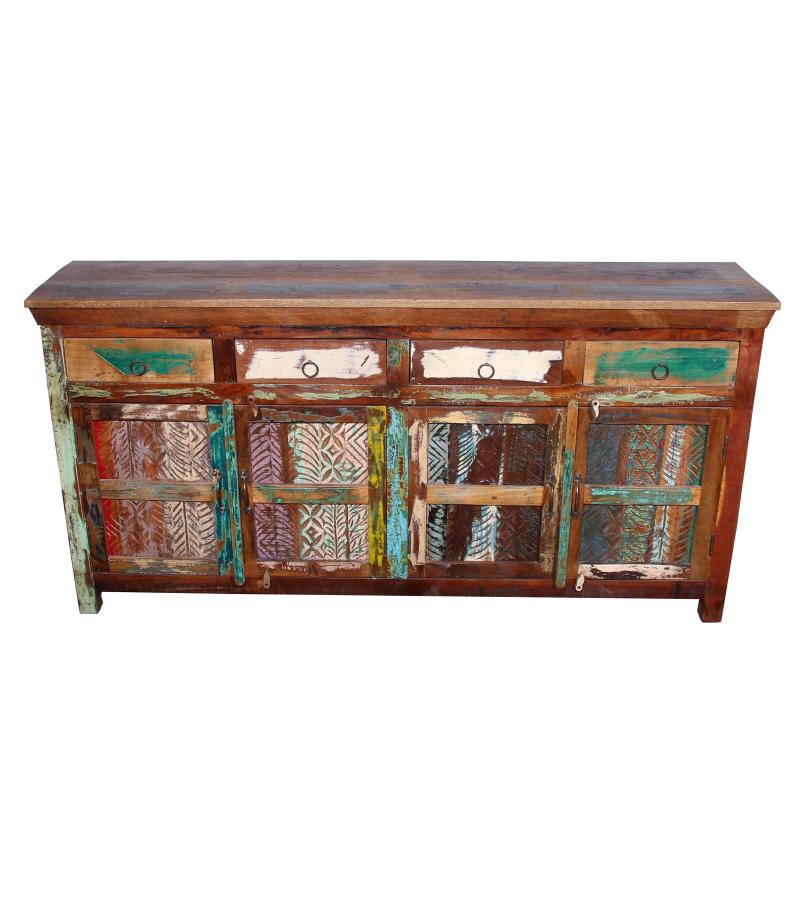 HAND CARVED SOLID RECLAIMED WOOD SIDEBOARD W/ 4 DRAWERS & 4 DOORS