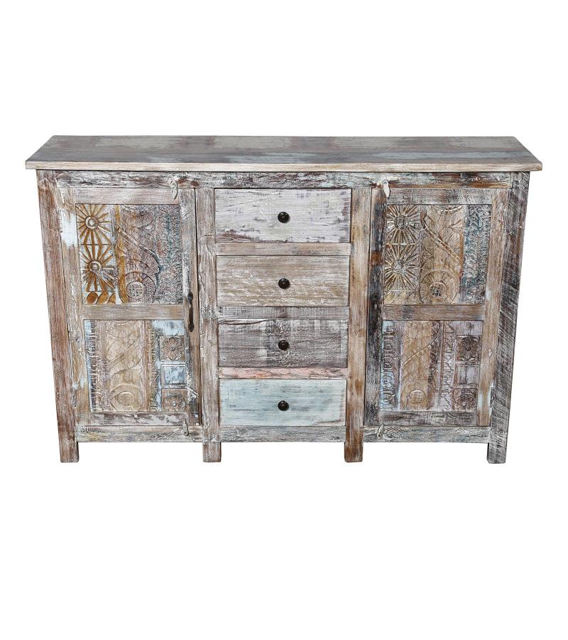 SOLID RECLAIMED HAND CARVED TEAK WOOD CABINET W/ 4 DRAWERS & 2 DOORS 