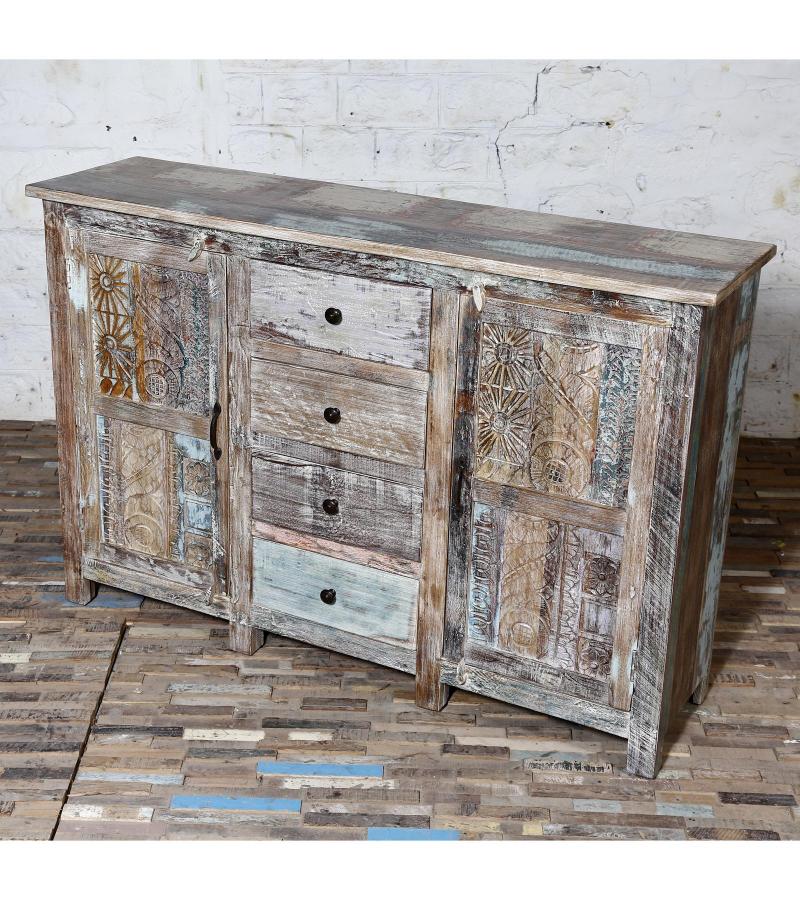 SOLID RECLAIMED HAND CARVED TEAK WOOD CABINET W/ 4 DRAWERS & 2 DOORS 