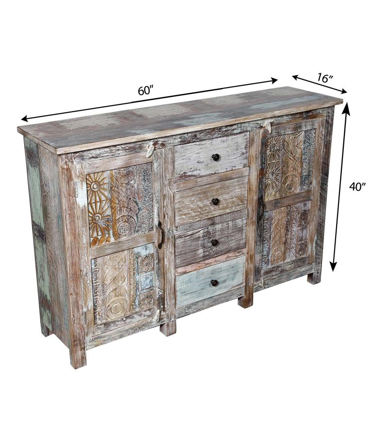 SOLID RECLAIMED HAND CARVED TEAK WOOD CABINET W/ 4 DRAWERS & 2 DOORS 