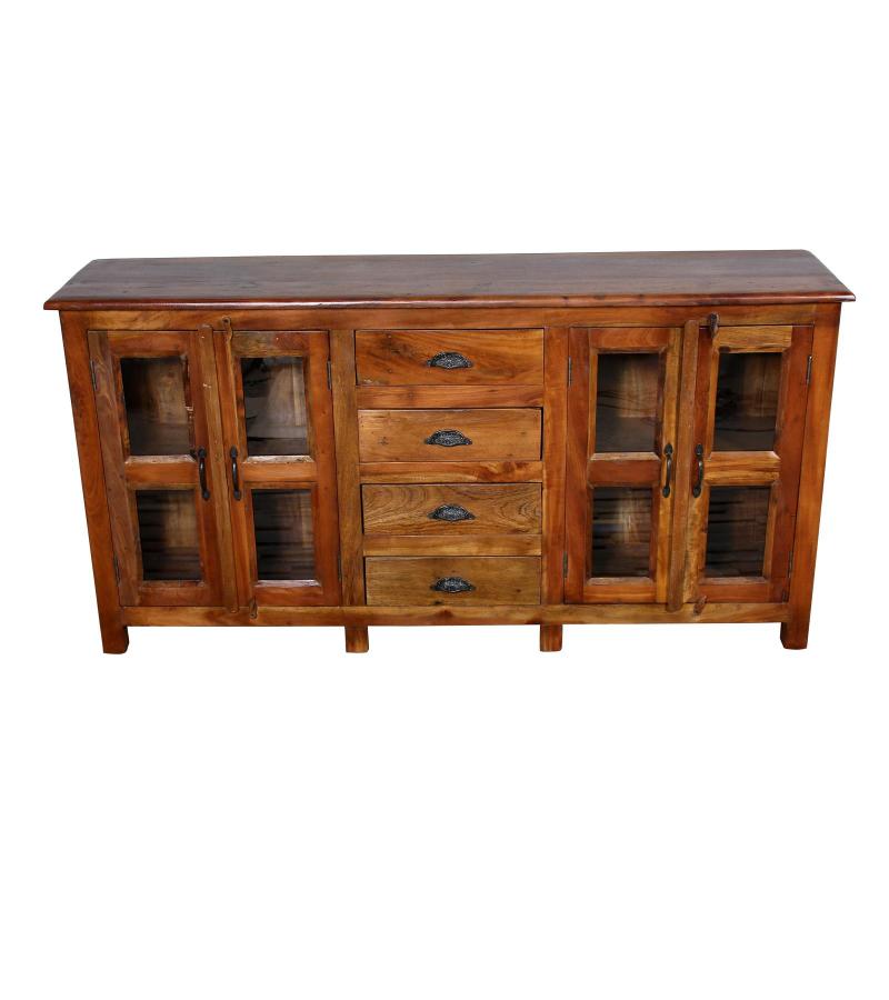 SOLID RECLAIMED TEAK WOOD & GLASS SIDEBOARD CABINET W/ 4 DRAWERS & 4 DOORS